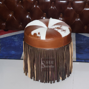 Customized Round Ottoman with Fringe Rustic Cowhide Fur <strong>Tan</strong> and White Genuine <strong>Leather</strong> Ottoman Stool High End Quality Pouffe - Product Image 6