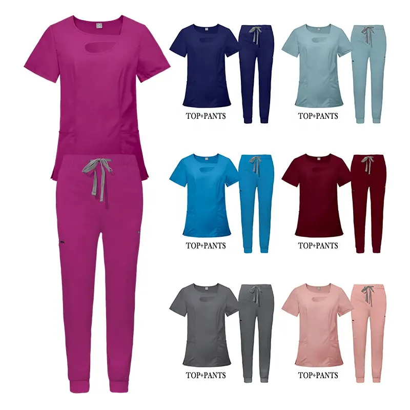 Soins de santé personnalisé médical multi-poches hauts et pantalons doux extensible respirant mince médecin et infirmière uniformes avec pantalon de survêtement