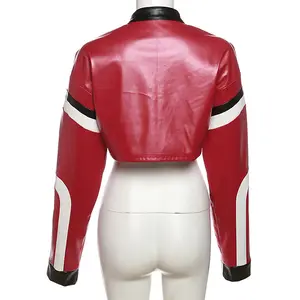 Long Sleeve Patchwork Color Embroidered Letter Short Tops Zipper Jacket Motorcycle For Women 2024 New Arrive Leather Coat