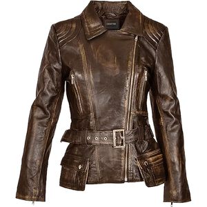 Chaqueta de Cuero Genuino Personalizada para Mujer, Manga Larga, Resistente al Viento, Estilo Clásico de Motociclista, Color Marrón - Product Image 5