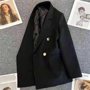 薄手の秋用無地スモールスーツジャケット レディース カジュアルコート ダブルブレスト エレガント オフィスレディーブレザー - Product Image 4
