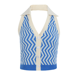 Summer women's new street fashion irregular pattern contrasting color hanging neck deep V-neck sexy <b>backless</b> cardigan tank <b>top</b> - Product Image 4