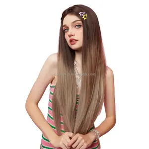 Wig sintetik warna gaya baru, wig lurus panjang 28 inci dengan poni gelap wig pirang tahan panas untuk rambut wanita