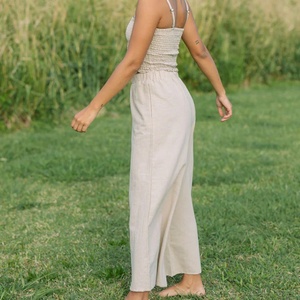 Pantalones de Mujer Hechos a Medida, Pantalones Anchos de Color Arena de Lujo, Cintura Elástica, Pantalones de Lino de Alta Calidad - Product Image 3