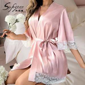 SFY-Y5003 2024 Bata de satén con cinturón para mujer, cuello en V, cintura elástica, manga corta, largo hasta la rodilla, camisón nupcial, pijama - Product Image 1