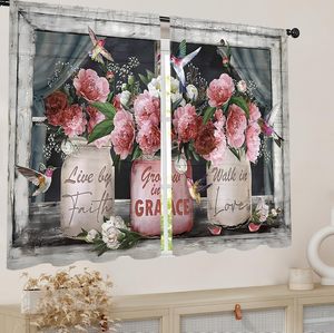 Cortinas de Cocina Rosa Claro con Flores, Cortinas Cortas para Cafetería, Cortinas de Ventana Estilo Rústico con Diseño de Frascos Mason, 2 Paneles - Product Image 3