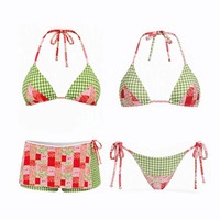 Fabricant ODM OEM, maillots de bain recyclés personnalisés, imprimés à carreaux contrastés, double doublure, ensembles de bikinis pour femmes, maillot de bain
