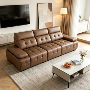 Sofá Seccional Moderno de Cuero PU Color Bronceado con Brazos Cuadrados y Diseño Acolchado para Sala de Estar - Product Image 1