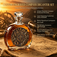 Ensemble de carafe à whisky de luxe en gros, design boussole unique, avec 2 verres et pierres, dans un coffret cadeau en bois