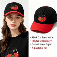 Casquette de baseball décontractée en coton bicolore noir et rouge, style streetwear, avec broderie chat noir et tomate, vente en gros