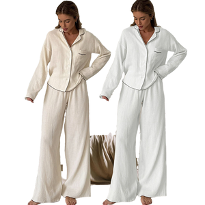 New Arrival <b>Womens</b> Comfortable Double Layer Winter Spring <b>Summer</b> Autumn Solid Color Sleepwear Set Front Logo Wrinkled - Product Image 3