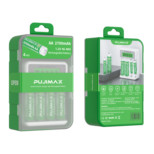 PUJIMAX 4pcs Rechargeable 1.2V 2700mah AA Nimh Battery Pack with Smart Charger 4 Slots for Flashlight Use