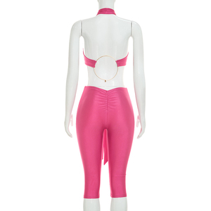 Viviblook J26ST290 Women <b>Sexy</b> Sleeveless <b>Set</b> Halter Strapless Hollow Out Twisted Ribbon Crop Top Cropped Pant Two Piece <b>Set</b> - Product Image 4