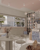Vitrine en bois au design moderne et personnalisé pour magasin de crème glacée, style rose mignon et élégant