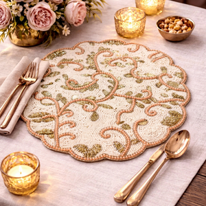 Custom Floral <b>Beaded</b> Satin Table <b>Placemat</b> Round Dining Mat Handmade Decorative Pad for Hospitality - Product Image 1