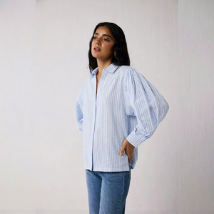 Camisa Oversize a Rayas Azules para Mujer |   Blusa Casual de Lino y Algodón con Botones y Mangas Largas |   Fabricante OEM ODM - Product Image 1