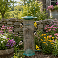Mangeoire à oiseaux en cage longue en bronze/vertigrine avec dôme, tube central pour graines et poignée de suspension – Écologique et résistante à la rouille pour le jardin