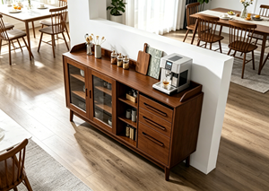 Meuble de salon moderne en bois massif avec portes vitrées, 3 tiroirs, design mid-century, meuble de rangement pour la maison - Product Image 5