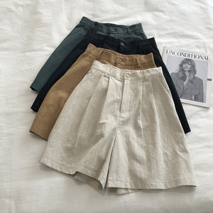Women's High Waisted Wide Leg Cotton Linen Shorts Casual Summer Style Black Khaki Heather Dark Green - Product Image 2