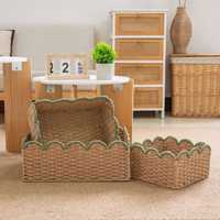 Panier de rangement multifonction en corde de papier fait main, lot de 3, bords ondulés, bacs organisateurs rectangulaires, boîtes de rangement décoratives, Shandong