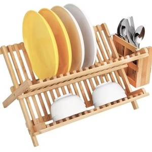 Modern double-layer bamboo upright folding <b>dish</b> <b>rack</b> for kitchen storage and display. - Product Image 3