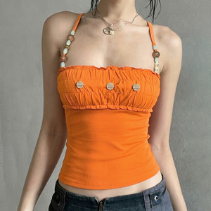2026 Summer Y2K Fashion Eco-Friendly Knitted Chest Pleated Hand Sewn Buttons <b>Beads</b> Decor Spaghetti Strap Slim Fit Tank <b>Tops</b> Teen - Product Image 1