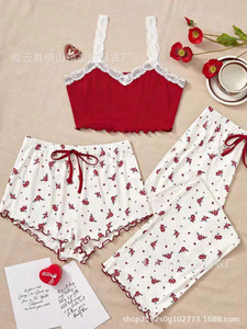 Nuovo Completo <span class=keywords><strong>Pigiama</strong></span> Floreale Sexy da <span class=keywords><strong>Donna</strong></span>, Estivo Sottile con Pantaloni, Abbigliamento da Casa Carino, Set Tre Pezzi Trendy 100% Poliestere con Scollo a V - Product Image 6