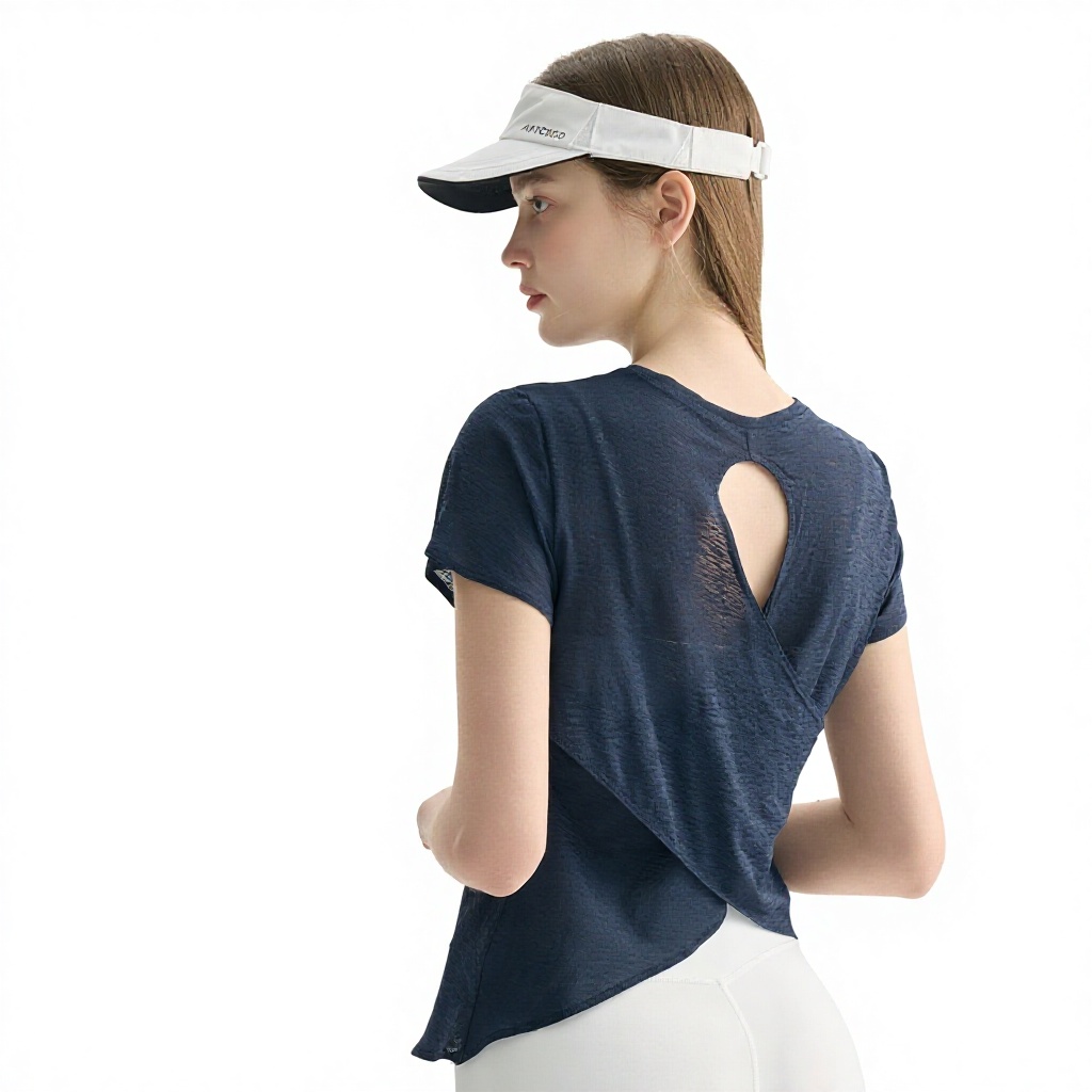 100% Polyester Breathable Yoga T-Shirt Hollowed-Out Beautiful-Back Sports Top Women's Yoga Wear Round-Neck Fitness