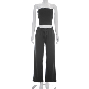 Viviblook D26ST119 Ensemble pantalon d'été pour femme Nouveau ensemble deux pièces décontracté couleur unie avec crop top sans bretelles et pantalon droit à cordon de serrage - Product Image 1