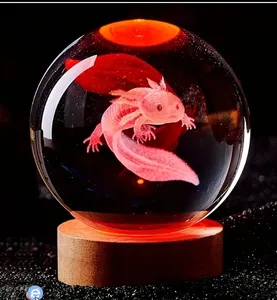 Lámpara de bola de cristal grabada con láser 3D Axolotl, luz nocturna multicolor, bola de cristal para sala de estar, dormitorio, luz de bola de cristal