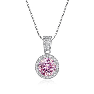 Collana con Pendente in Cristallo Rosa, Argento 925 Placcato Rodio, Taglio Brillante Rotondo, Montatura a Castone, Gioiello Classico da Donna per Uso Quotidiano - Product Image 1
