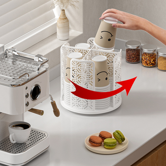 360° Rotating Plastic Cup Holder, 4-Compartment Paper Cup Dispenser with Turntable Base, 21.5cm Height 21cm Diameter