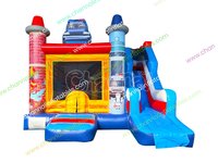 Château gonflable combiné avec toboggan et zone de saut, thème Camion de pompiers