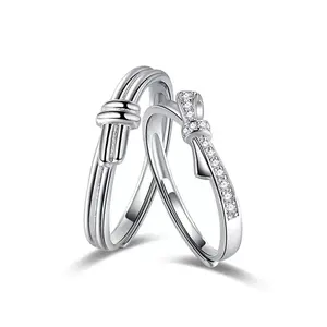 Promotion Gifts Romantic Wedding Jewelry Classic Silver Couples Rings For Lovers Adjustable Size Knot Bow Crystal Set Rings