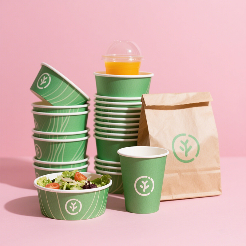 520cc Custom Printing Eco Friendly to Go Containers Heating Ramen Bowl Green Take Out Paper Plates Salad Packaging Bowl with Lid