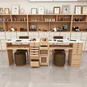 Modern Wood Nail Table Salon Furniture White Marble Look <b>Workstation</b> with Drawers for Beauty Studio - Product Image 6