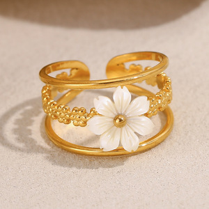 18K Gold Plated Stainless Steel Natural Shell Flower Double Layer Hollow Open Adjustable Stackable <b>Statement</b> <b>Ring</b> For Women - Product Image 3