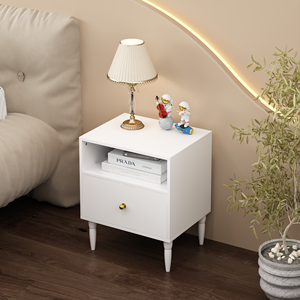 Modern White Nightstand With <b>Drawer</b> And Open Shelf Gold Knob Solid Wood Legs Small Bedside Table <b>For</b> Bedroom - Product Image 5