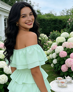 จั๊มสูทสีเขียวอ่อนแต่งระบายช่วงไหล่สำหรับผู้หญิง |   ดีไซน์ทรงหวานสำหรับสาวพลัสไซส์ |   กางเกงวันพีซแห้งเร็วสำหรับฤดูร้อน รุ่น Garden - Product Image 2