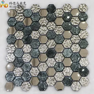 Haute qualité 8Mm mur art décoration 3D couleur mélangée fond motif hexagonal forme verre cuisine panneau arrière carreaux de mosaïque