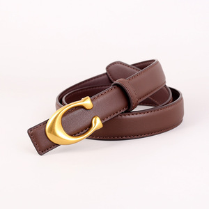 Cinturón <span class=keywords><strong>de</strong></span> <span class=keywords><strong>Cuero</strong></span> Genuino <span class=keywords><strong>para</strong></span> <span class=keywords><strong>Mujer</strong></span> con Hebilla Dorada en Forma <span class=keywords><strong>de</strong></span> C, Cinturón <span class=keywords><strong>de</strong></span> Color Sólido - Product Image 2