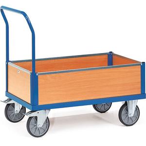 Heavy duty wooden side panel platform <b>trolley</b> cart <b>with</b> caster wheels for warehouse industrial transport use - Product Image 1