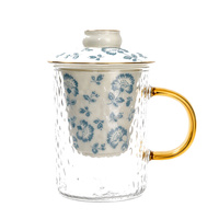Tasse en verre texturé avec revêtement en céramique 400 ml, motif floral, tasse à thé avec couvercle, poignée dorée, ensemble de tasses à café et à eau