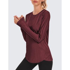 FOXA Haut de sport à manches longues pour femme, col rond, léger, séchage rapide, couleur unie rouge bordeaux, XX-Large, vêtements de fitness - Product Image 3