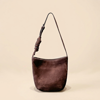 Sac seau en cuir pleine fleur et daim avec sangle réglable, détail noué, boucle argentée, bandoulière pour femme, fournisseur personnalisé