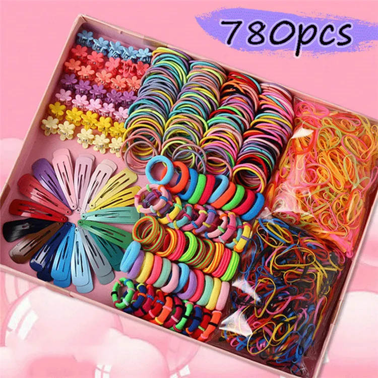 Небольшой минимальный заказ, набор из 780 штук, разноцветная эластичная повязка для волос для маленькой девочки, заколки и аксессуары для девочек
