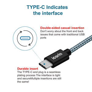 2M nylon bện 3A <span class=keywords><strong>USB</strong></span> Type-C Cáp sạc nhanh cho <span class=keywords><strong>IOS</strong></span> & Android điện thoại di động máy ảnh máy tính nhôm lá chắn - Product Image 5