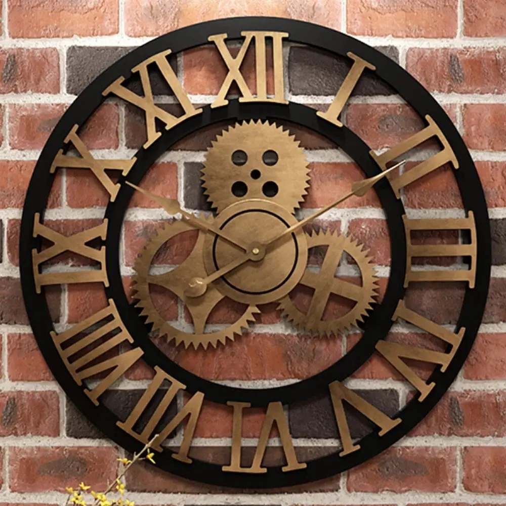 Gear Grote Wandklok Modern Design Klokken Quartz Time Mute Horloge Houten Decor 3d Vintage Horloge