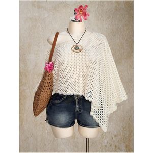 Women's Plus Size Off Shoulder Crochet <b>Poncho</b> Cape Top Bohemian Summer Beach Crop Top Breathable Knitted Short Sleeve - Product Image 2
