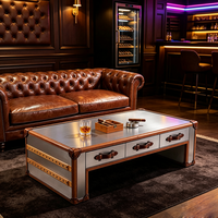 Table basse de luxe vintage en bois, 100% cuir véritable, bois massif, rangement 6 tiroirs, design contemporain extensible pour salon